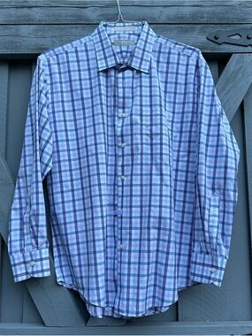 Nordstrom Trim Fit Wrinkle Free Dress Shirt 17 32/33 Blue Purple Plaid Cotton